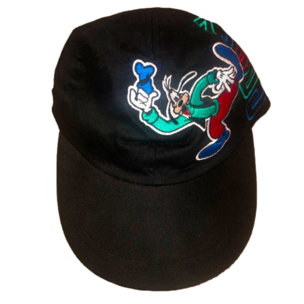 VTG 90s Disney Goofy Black Baseball hat w Tan Leather Adjustable Strap